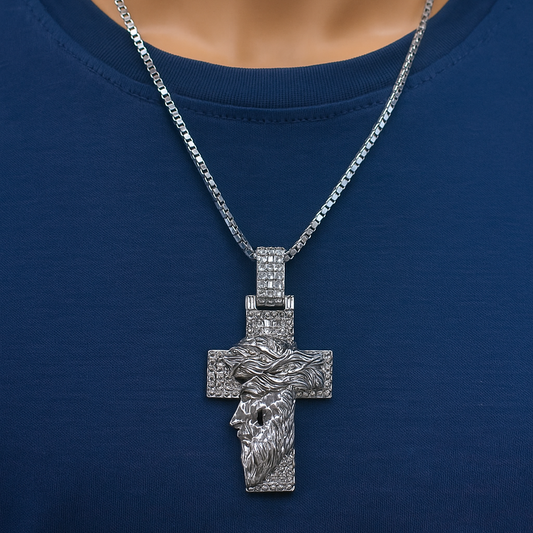 Rhodium Plated 925 Sterling Silver Jesus Christ Cross Baguette CZ Studded 38mm x 60mm Pendant - PAP00201