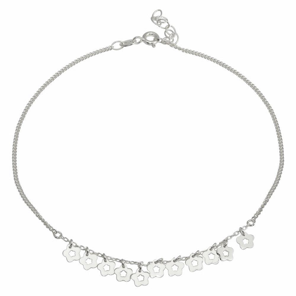 Silver 925 Rhodium Plated Dangling Flower Anklets - DIA00003RH | Silver Palace Inc.