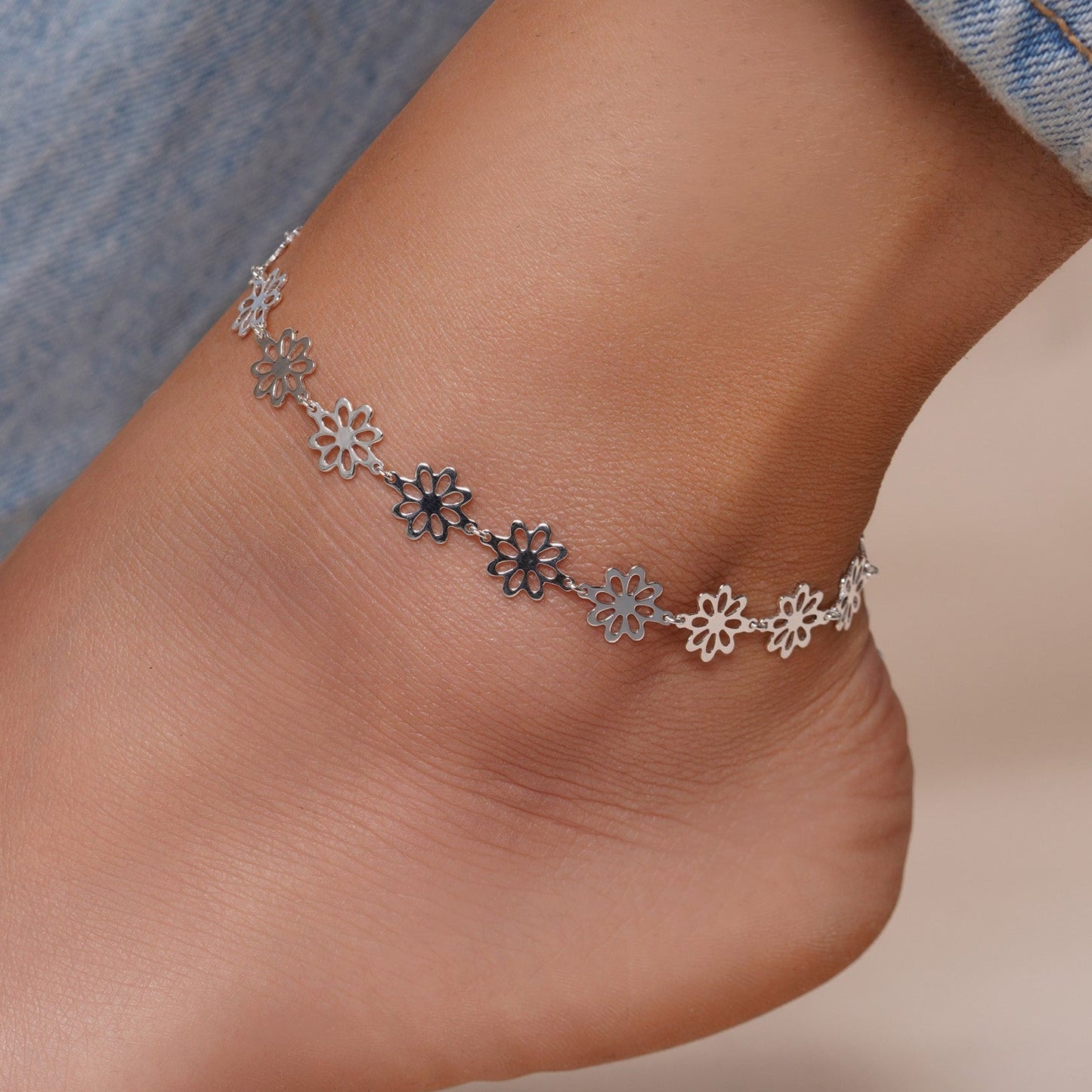 925 Sterling Silver High Polished Outline Flower Link Anklets - DIA00007
