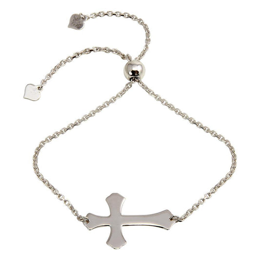 Silver 925 Rhodium Plated Lariat Side Way Cross Bracelet - DIB00063RH | Silver Palace Inc.