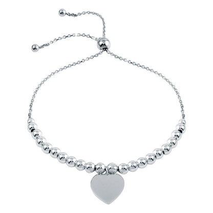 Silver 925 Rhodium Plated Beaded Engravable Heart Lariat Bracelet - DIB00064RH | Silver Palace Inc.