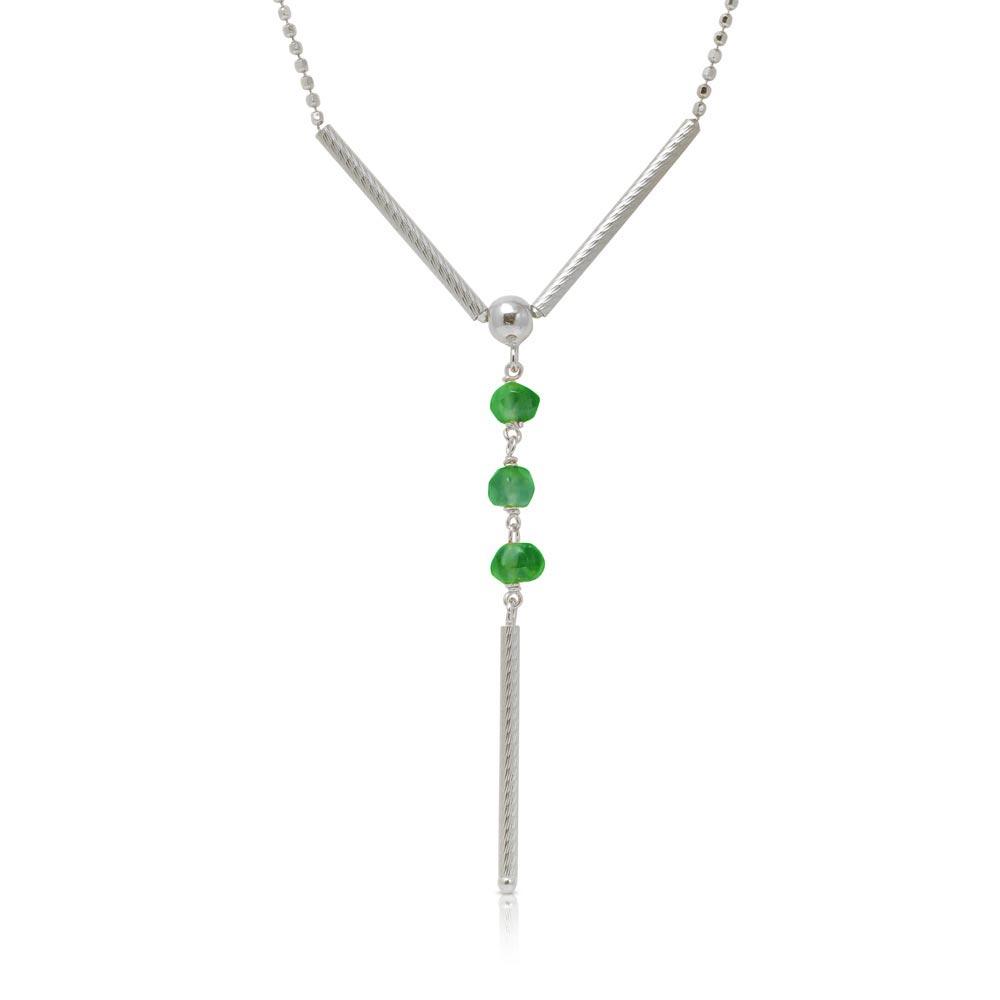 Silver 925 Rhodium Plated DC Bead Chain with Dangling Green Beads - DIN00074RH-EM | Silver Palace Inc.