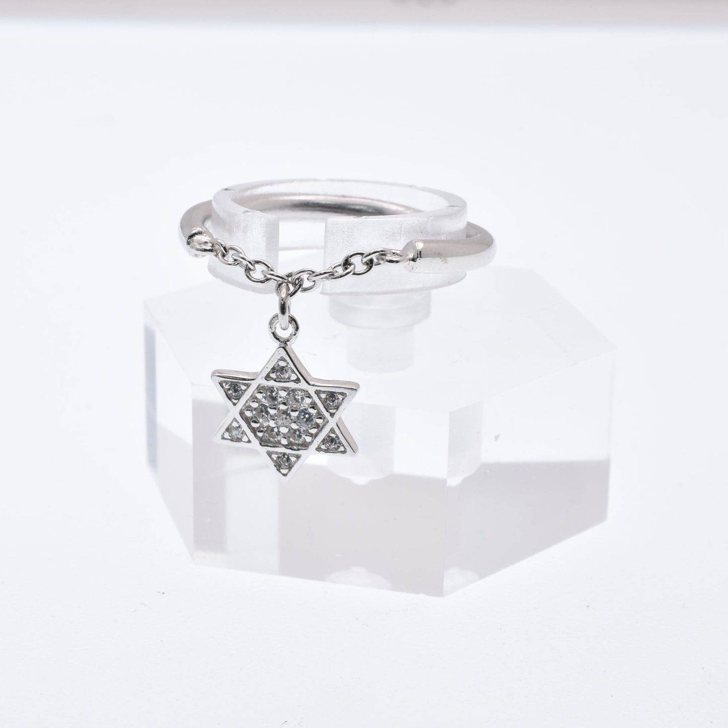 925 Sterling Silver Nickel Free Rhodium Plated Half Ring Chain Dangling Star of David Clear CZ Ring - STR01013