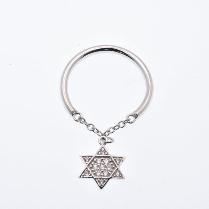 925 Sterling Silver Nickel Free Rhodium Plated Half Ring Chain Dangling Star of David Clear CZ Ring - STR01013