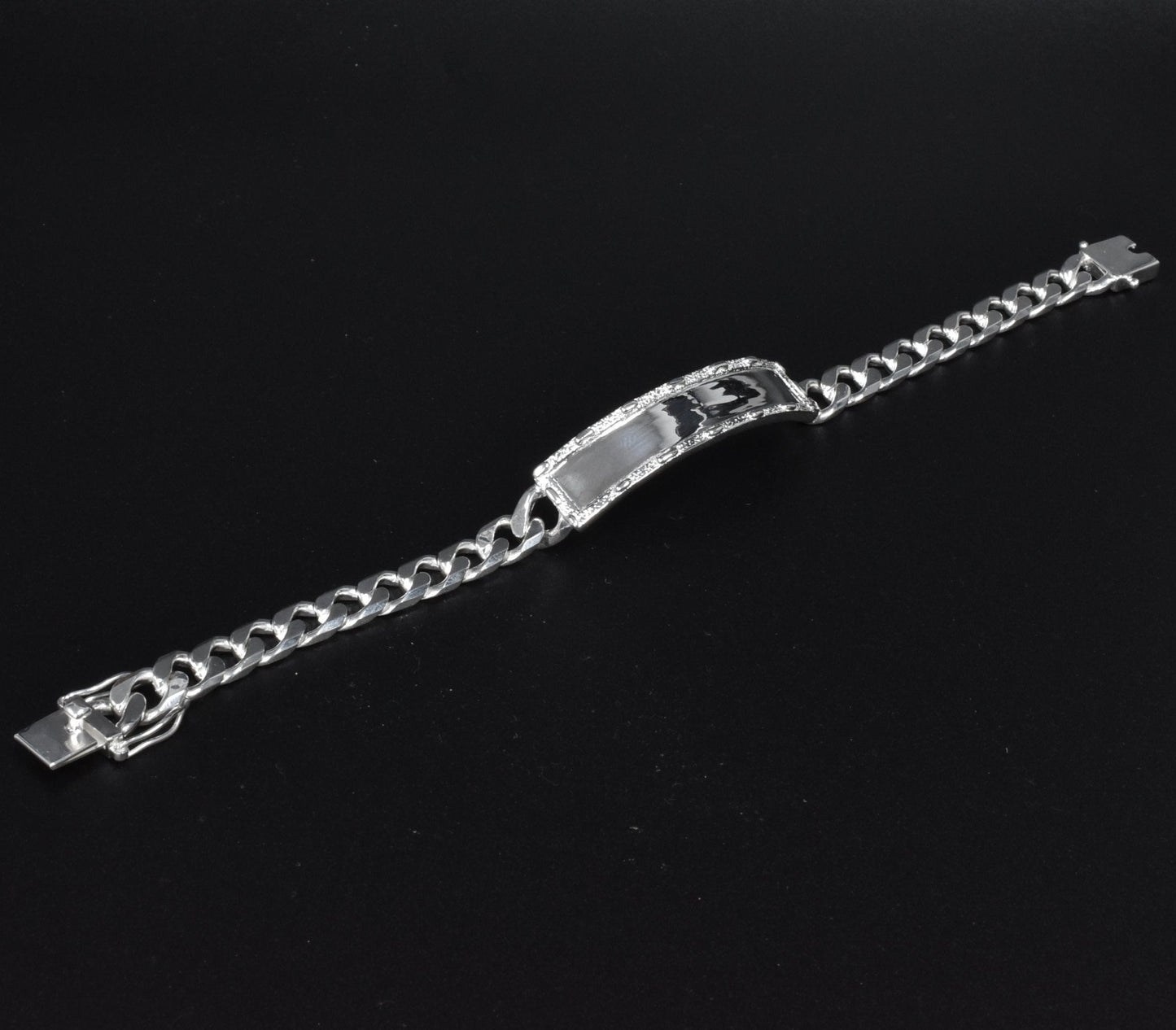 925 Sterling Silver Curb 7.8mm Textured Border ID Bracelet - CDIB00028