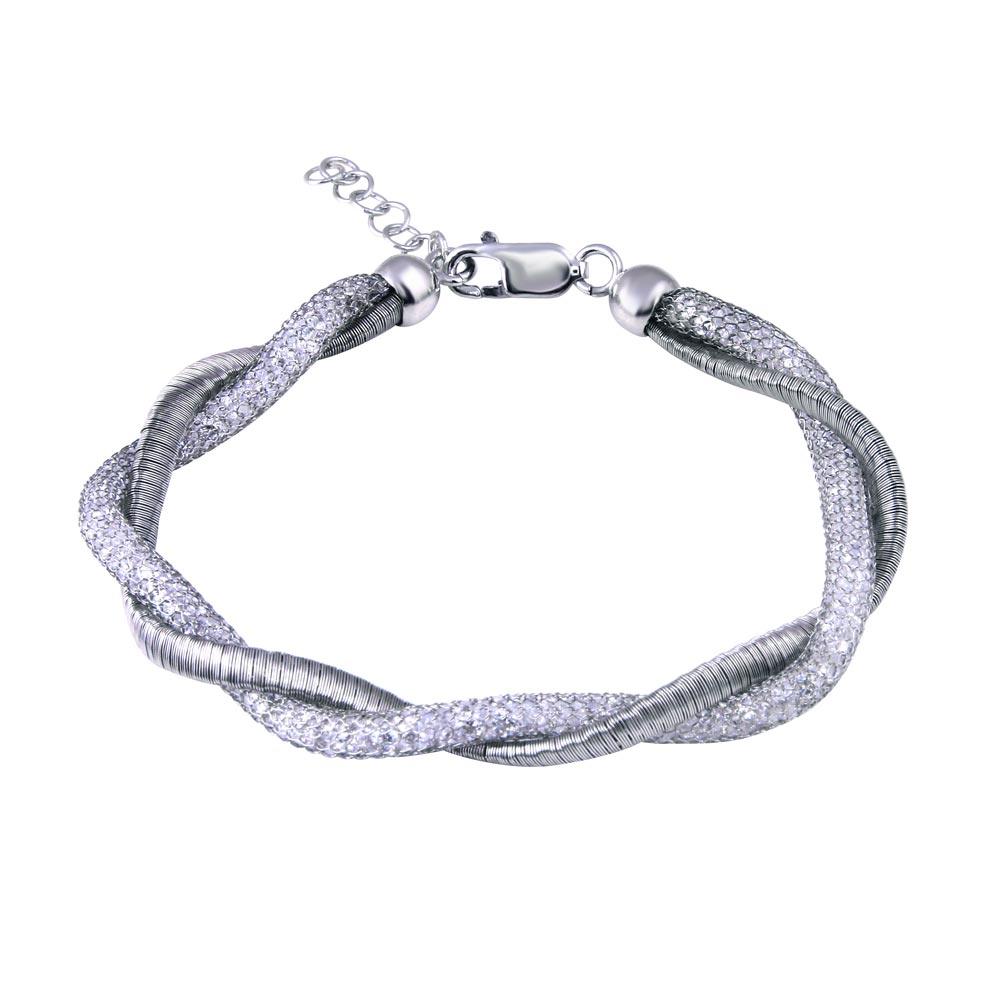 Closeout-Rhodium Plated 925 Sterling Silver Italian Twisted Mesh Bracelet - ECB00069RH | Silver Palace Inc.