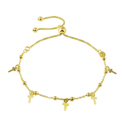 Silver 925 Gold Plated Box Chain Bead and Cross Lariat Bracelet - ECB00128GP | Silver Palace Inc.