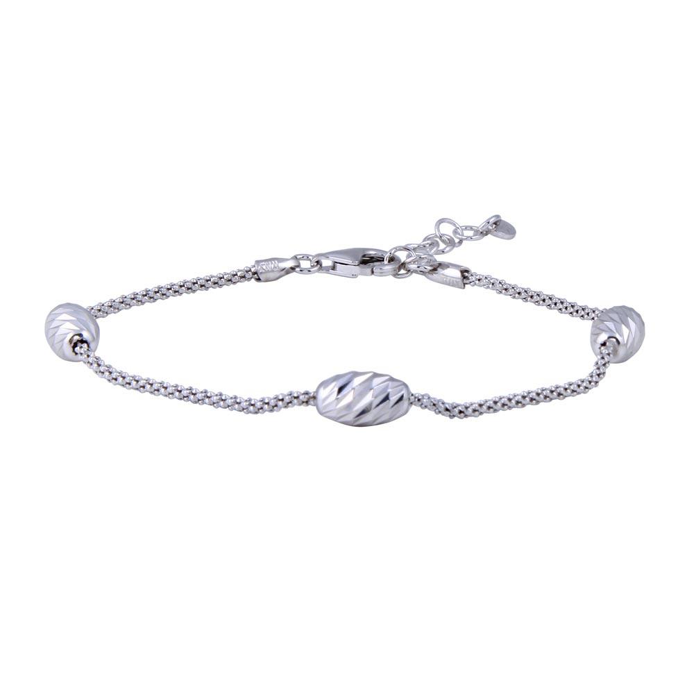 Rhodium Plated 925 Sterling Silver Popcorn Chain Oval Diamond Cut Adjustable Bracelet - ECB00129RH | Silver Palace Inc.