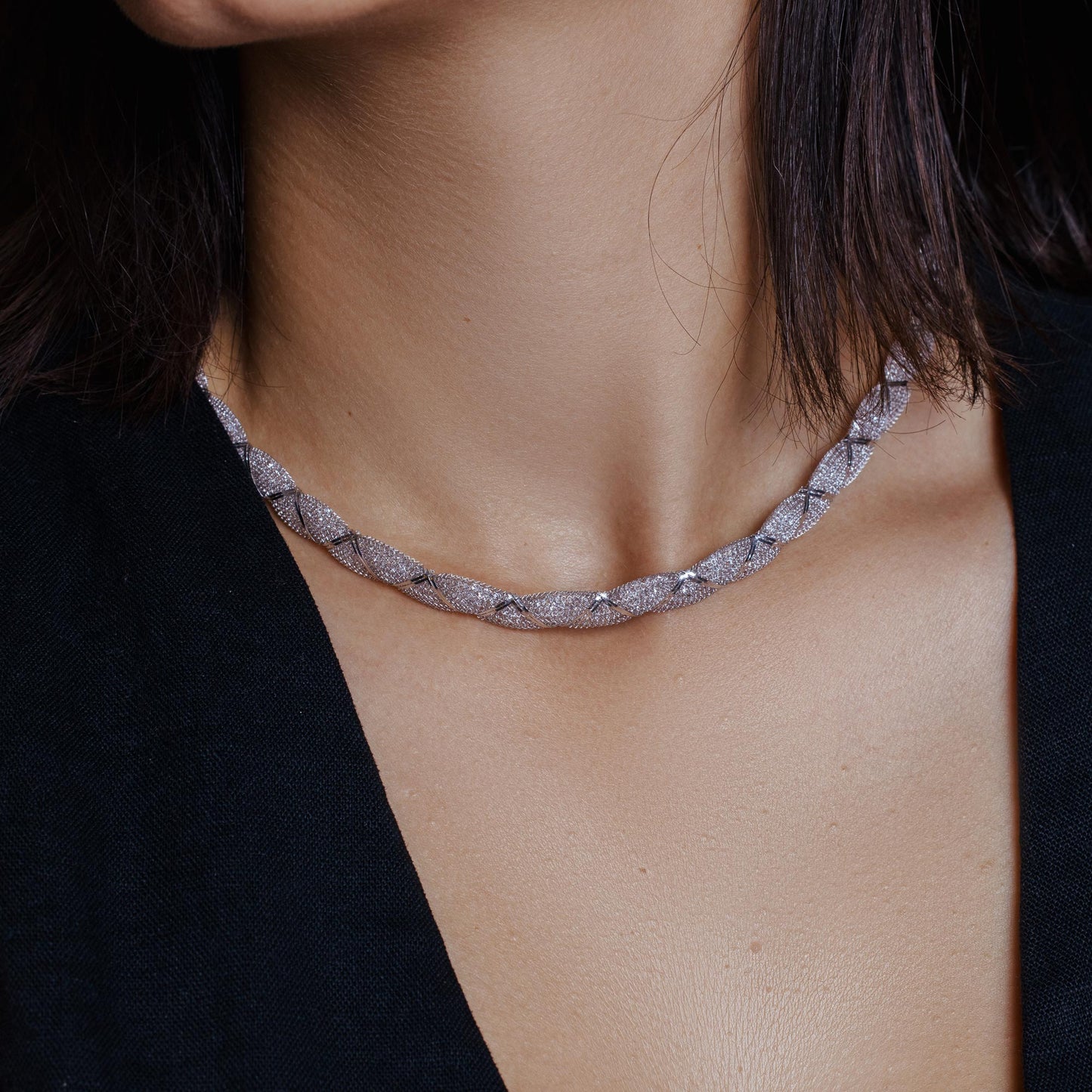 Rhodium Plated 925 Sterling Silver Mesh Wrap Accent Necklace - ECN00017