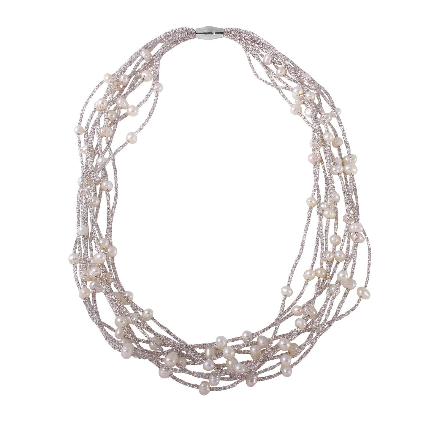 Rhodium Plated 925 Sterling Silver Multi Strand With Fresh Pearl Accent Necklace - ECN00018RH | Silver Palace Inc.