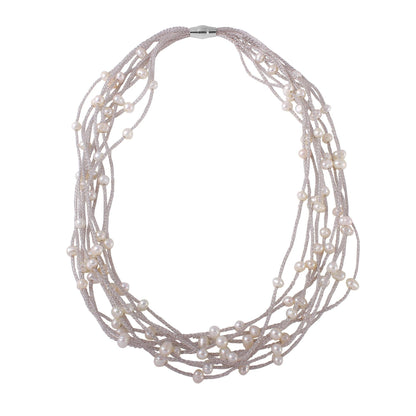 Rhodium Plated 925 Sterling Silver Multi Strand With Fresh Pearl Accent Necklace - ECN00018RH | Silver Palace Inc.