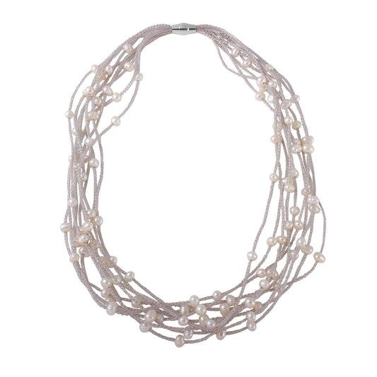 Rhodium Plated 925 Sterling Silver Multi Strand With Fresh Pearl Accent Necklace - ECN00018RH | Silver Palace Inc.