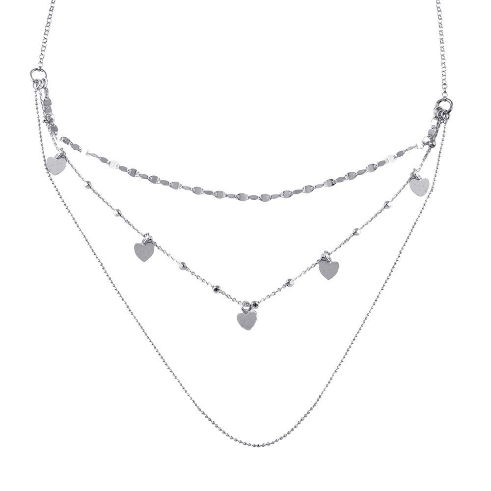 Silver 925 Rhodium Plated Multi Chain Dangling Hearts Necklace - ECN00054RH | Silver Palace Inc.