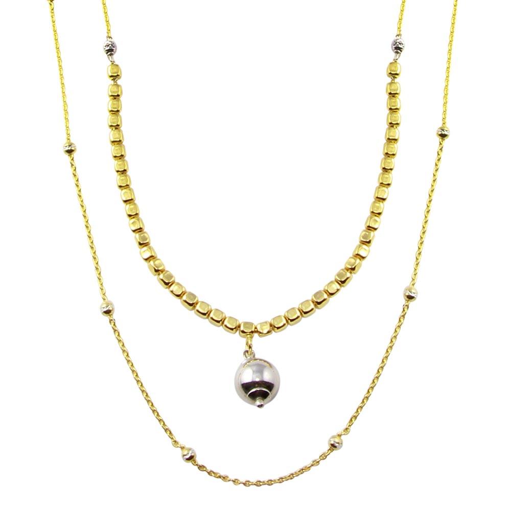 Silver 925 Gold Plated Multi Chain Cube and Bead Necklace - ECN00059GP | Silver Palace Inc.