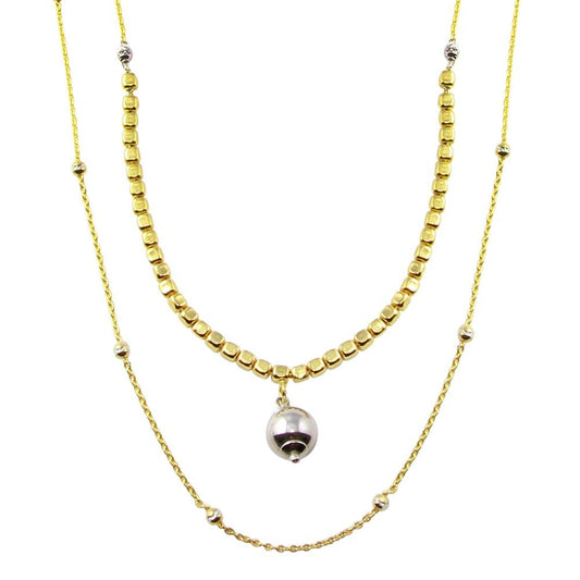 Silver 925 Gold Plated Multi Chain Cube and Bead Necklace - ECN00059GP | Silver Palace Inc.