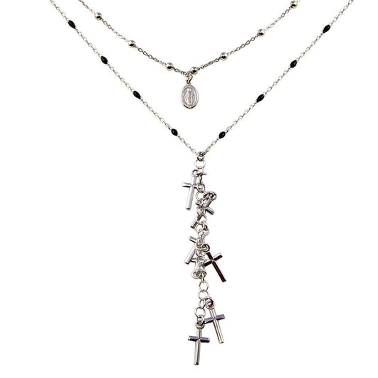 Silver 925 Rhodium Plated Dangling Crosses Enamel Bead Necklace - ECN00061RH | Silver Palace Inc.