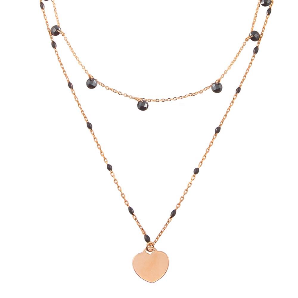 Silver 925 Rose Gold Plated Multi Chain Black CZ Enamel Beaded Heart Necklace - ECN00063RGP | Silver Palace Inc.