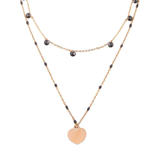 Silver 925 Rose Gold Plated Multi Chain Black CZ Enamel Beaded Heart Necklace - ECN00063RGP | Silver Palace Inc.
