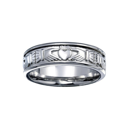 Rhodium Plated 925 Sterling Silver Men's Claddagh Band 6.5mm - EWR00006