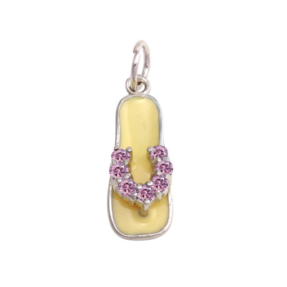 Silver 925 Rhodium Plated White Enamel Pink CZ Sandal Pendant - FFP00001PNK | Silver Palace Inc.
