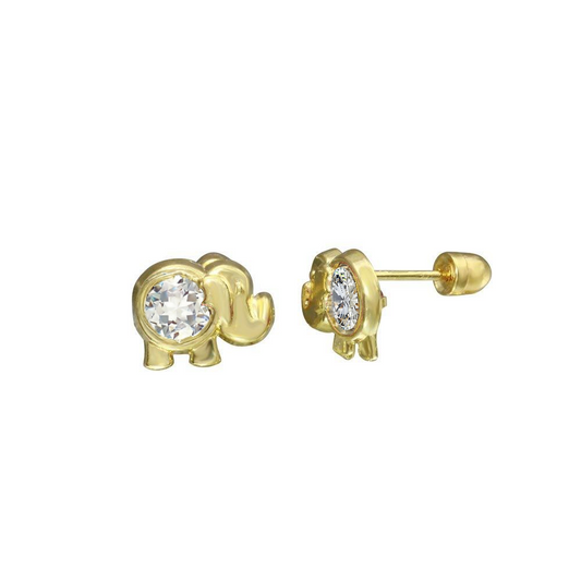 14E00047-WHT - 14 Karat Yellow Gold Elephant Clear CZ Screw Back Stud Earring