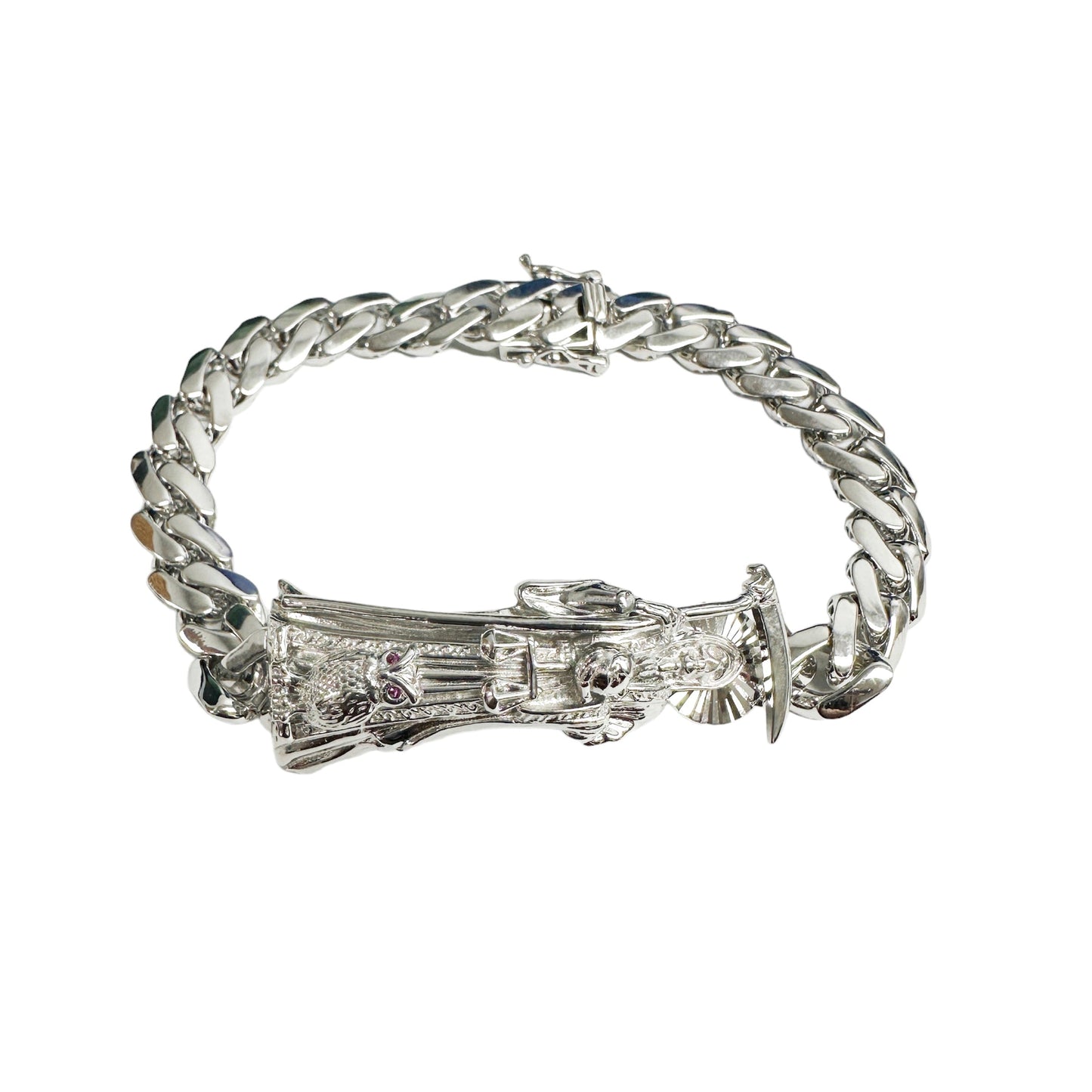 Rhodium Plated 925 Sterling Silver Santa Muerte Angel of Death 9mm Cuban Bracelet - GMB00127