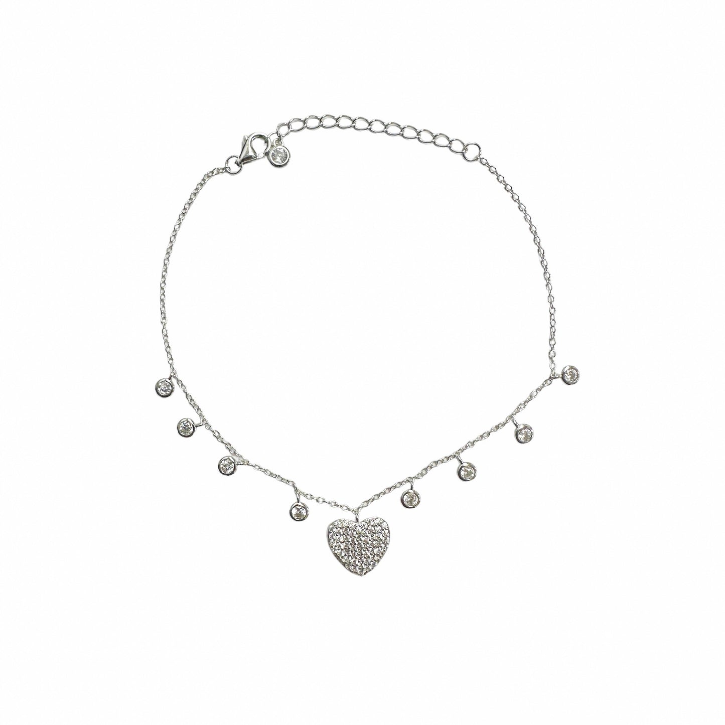 Rhodium Plated 925 Sterling Silver Heart and Round Dangling Charm Bracelet - STB00625