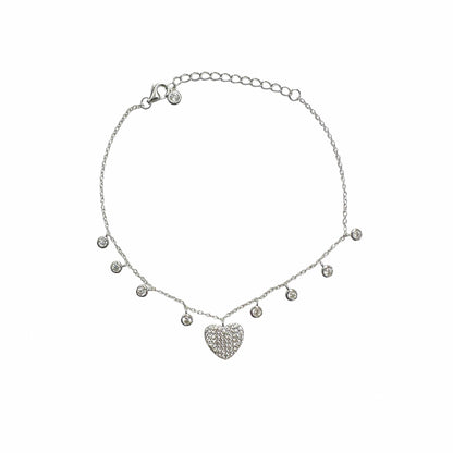 Rhodium Plated 925 Sterling Silver Heart and Round Dangling Charm Bracelet - STB00625