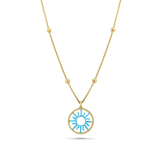 Gold Plated 925 Sterling Silver Turquoise Sun Charm Box Beaded Adjustable Necklace - GCN00003