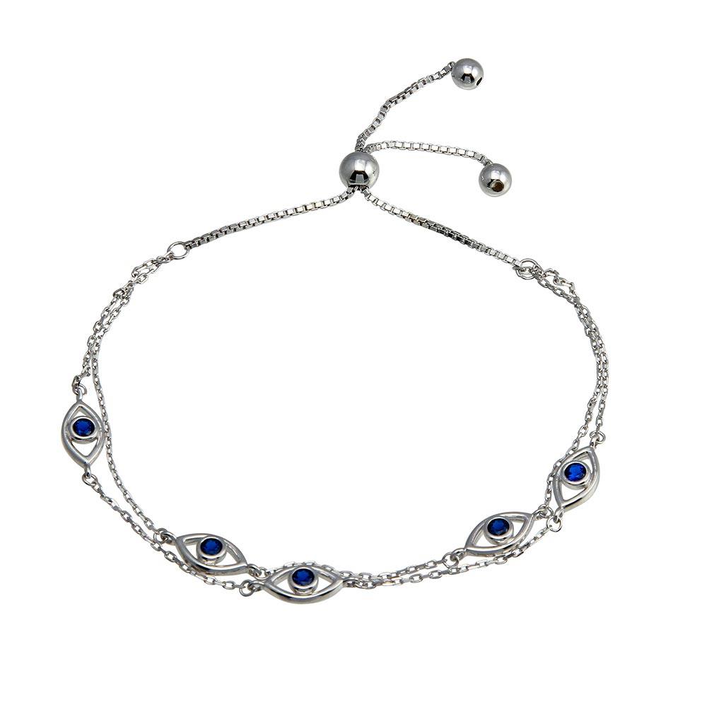 Silver 925 Rhodium Toned Plated Multi Chain Evil Eye Blue CZ Lariat Bracelet - GMB00070 | Silver Palace Inc.