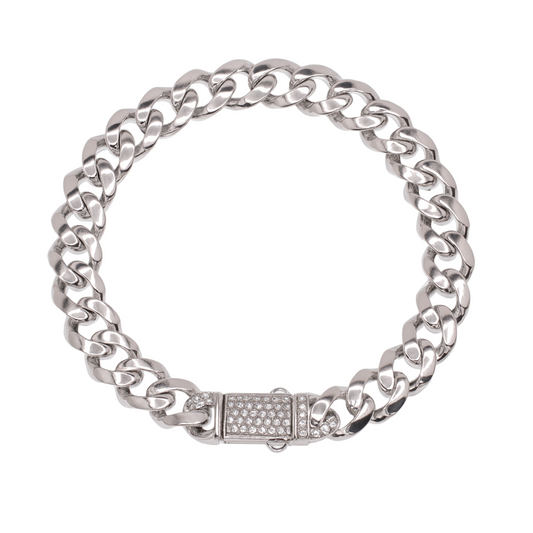 Rhodium Plated 925 Sterling Silver Hollow Miami Cuban Link Clear CZ Bracelet 9.6mm - GMB00082