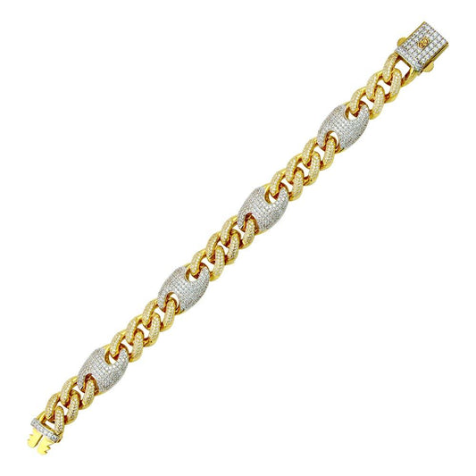 Silver 925 Gold Plated CZ Encrusted Cuban Mariner Link Bracelet 13mm - GMB00093GR | Silver Palace Inc.