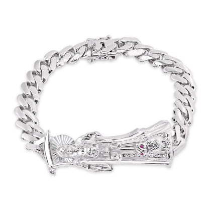 Rhodium Plated 925 Sterling Silver Santa Muerte Angel of Death 9mm Cuban Bracelet - GMB00127