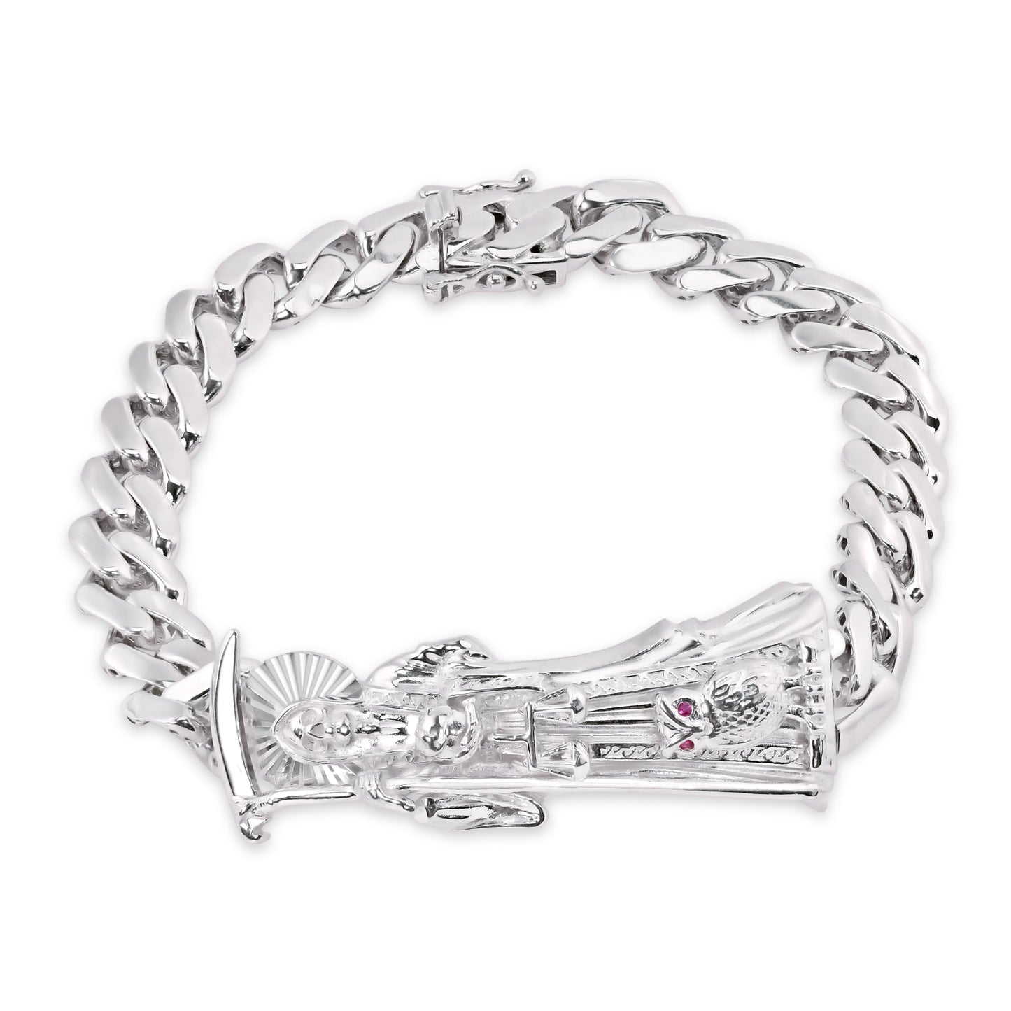 Rhodium Plated 925 Sterling Silver Santa Muerte Angel of Death 9mm Cuban Bracelet - GMB00127
