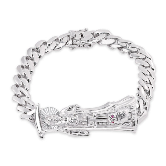 Rhodium Plated 925 Sterling Silver Santa Muerte Angel of Death 9mm Cuban Bracelet - GMB00127