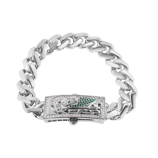 Rhodium Plated 925 Sterling Silver Rectangle St Jude Cuban 6.5mm Clear CZ Bracelet - GMB00146
