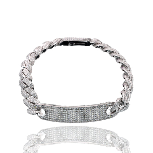 Rhodium Plated 925 Sterling Silver Iced Out Cuban Link ID 10.6mm Bracelet - GMB00145