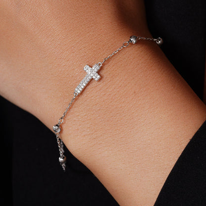 Rhodium Plated 925 Sterling Silver 7.6mm x 13.2mm Cross Diamond Cut Round Charm Clear CZ Box Adjustable Bracelet - GMB00160