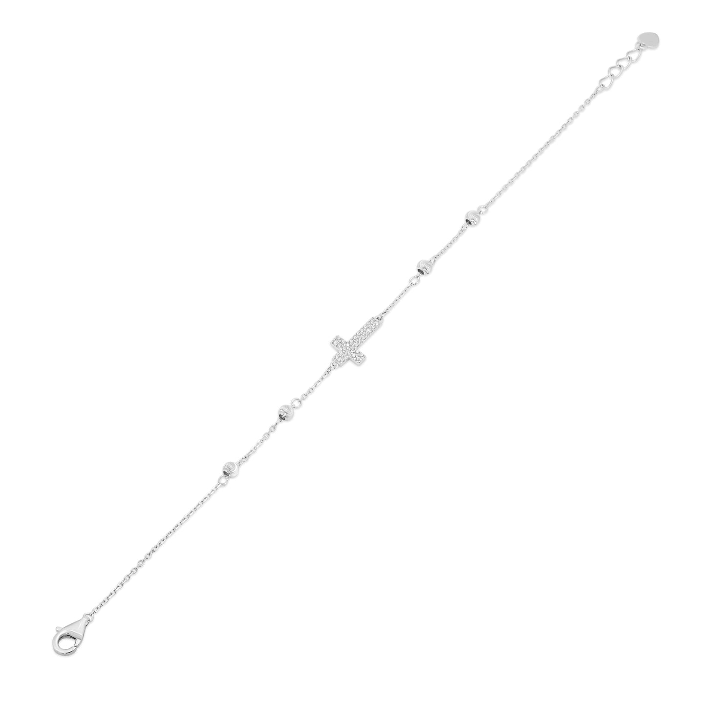 Rhodium Plated 925 Sterling Silver 7.6mm x 13.2mm Cross Diamond Cut Round Charm Clear CZ Box Adjustable Bracelet - GMB00160