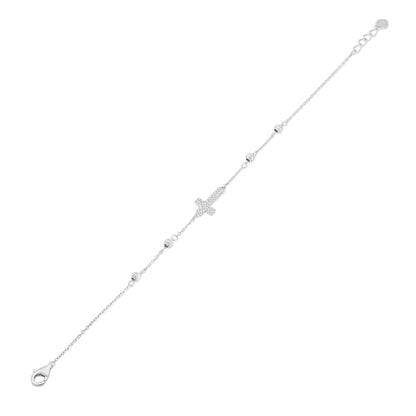 Rhodium Plated 925 Sterling Silver 7.6mm x 13.2mm Cross Diamond Cut Round Charm Clear CZ Box Adjustable Bracelet - GMB00160