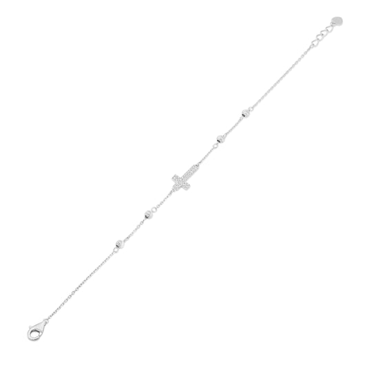 Rhodium Plated 925 Sterling Silver 7.6mm x 13.2mm Cross Diamond Cut Round Charm Clear CZ Box Adjustable Bracelet - GMB00160