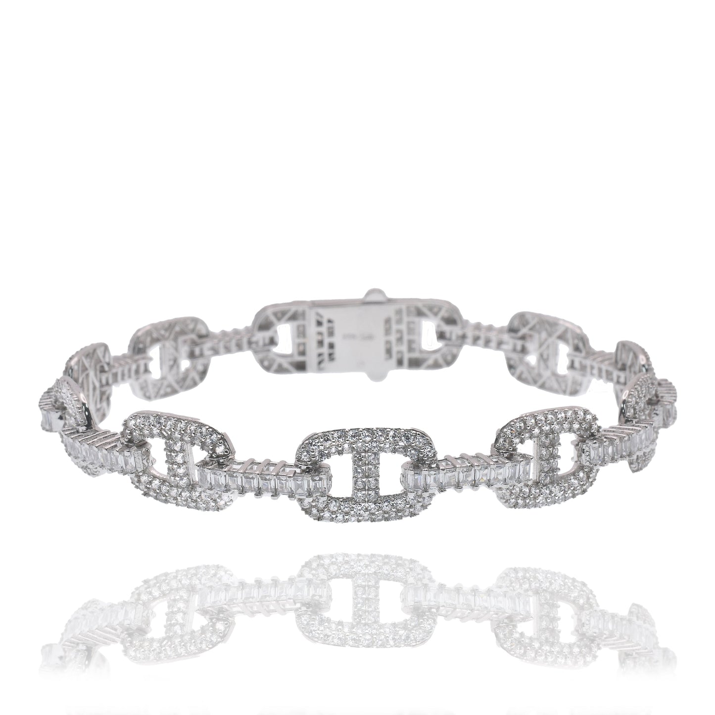 Rhodium Plated 925 Sterling Silver Iced Out Mariner Link ID Baguette Clear CZ 9.5mm Bracelet - GMB00164