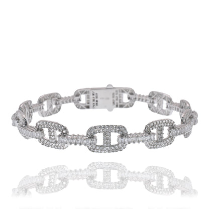 Rhodium Plated 925 Sterling Silver Iced Out Mariner Link ID Baguette Clear CZ 9.5mm Bracelet - GMB00164