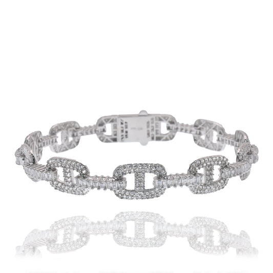 Rhodium Plated 925 Sterling Silver Iced Out Mariner Link ID Baguette Clear CZ 9.5mm Bracelet - GMB00164