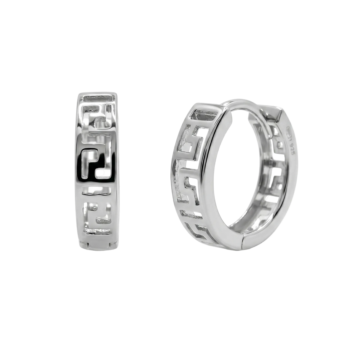 Rhodium Plated 925 Sterling Silver Greek Key Cutout Hoop Earrings - GME00164