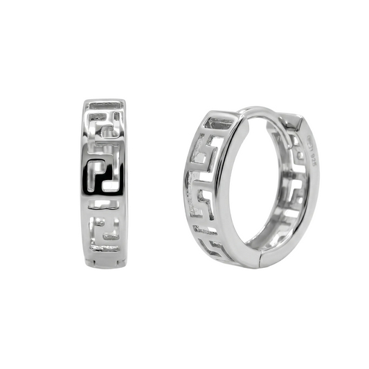 Rhodium Plated 925 Sterling Silver Greek Key Cutout Hoop Earrings - GME00164