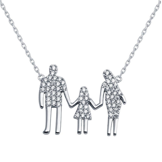 Silver 925 Rhodium Plated Mom, Dad, And A Girl Family Necklace - GMN00045 | Silver Palace Inc.