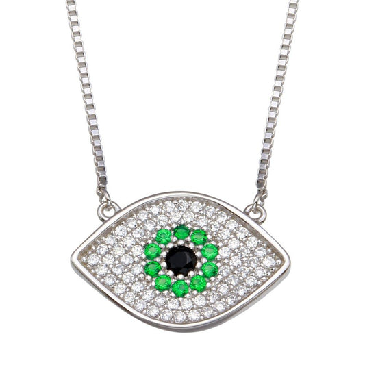 Silver 925 Rhodium Plated Evil Eye Necklace with Green and Clear CZ - GMN00084 | Silver Palace Inc.