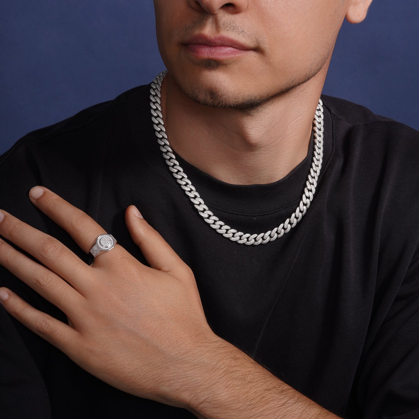 Rhodium Plated 925 Sterling Silver Men's Hexagon Iced Out Round Top Clear CZ Statement Ring - PAR00443