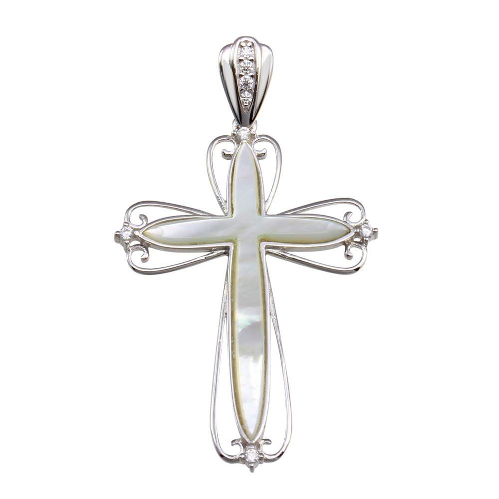 Silver 925 Rhodium Plated Mother of Pearl CZ Cross Pendant - GMP00027 | Silver Palace Inc.